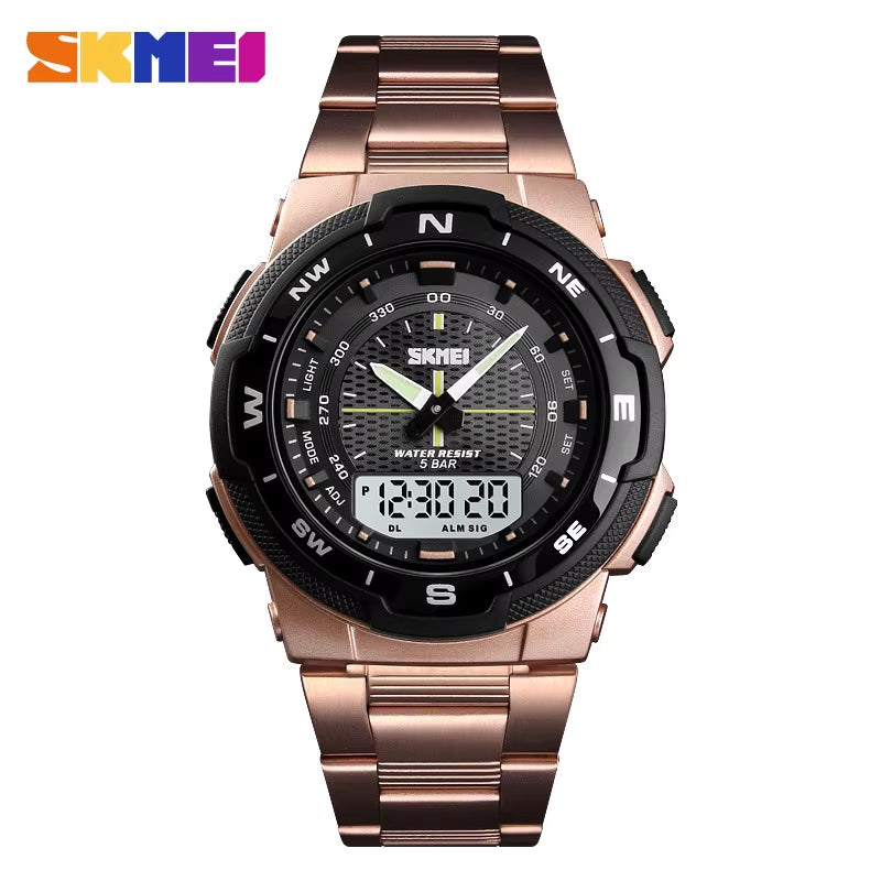 Skmei Hot Rose Gold Grid Texture Dual Time Display Week 12/24 Hour Digital Watch Men Outdoor Sports
