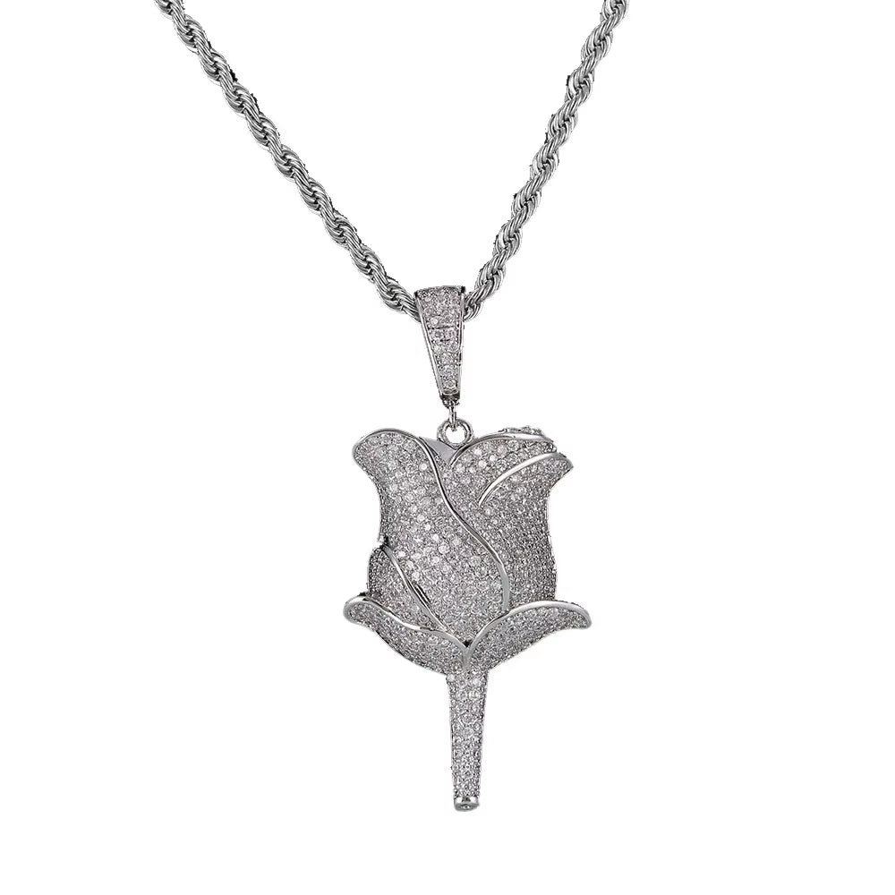 New Hip Hop Style 18K Gold Rose Flower Pendant Necklace Full Pave Zircon Charms for Women Fine Diamond Rose Flower Pendant