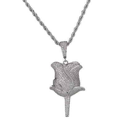 New Hip Hop Style 18K Gold Rose Flower Pendant Necklace Full Pave Zircon Charms for Women Fine Diamond Rose Flower Pendant