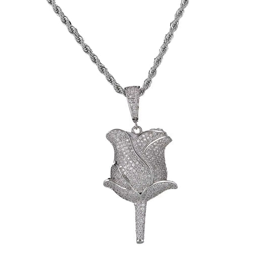 New Hip Hop Style 18K Gold Rose Flower Pendant Necklace Full Pave Zircon Charms for Women Fine Diamond Rose Flower Pendant
