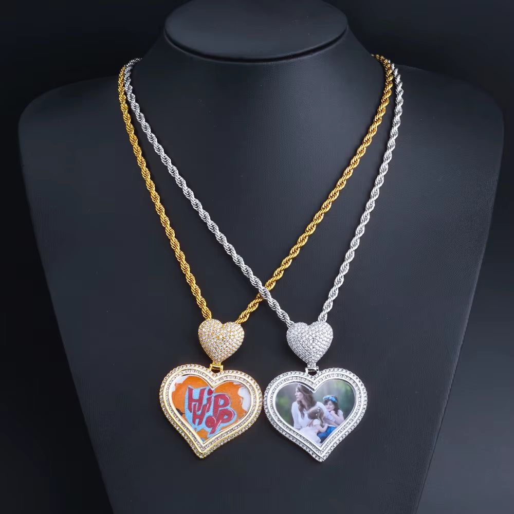 NUOYA Hot Sale Heart Hook Picture Memory Medallions Pendants Hiphop Bling Cubic Zircon Heart Photo Pendant Jewelry