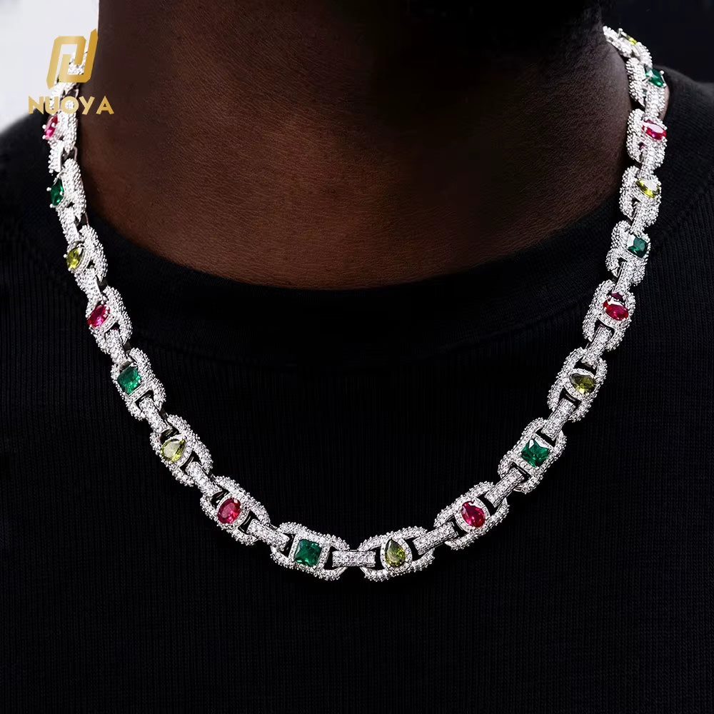 NUOYA Luxury Colorful Zircon Cuban Chain Necklace Silver Plated Mixed Inlaid Iced Out Diamond Hip Hop Fine Jewelry