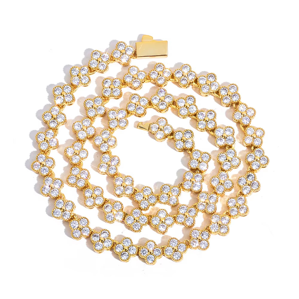 NUOYA Women'S Gold Plated Diamond Chain Necklace Four Leaf Clover Plum Blossom Shiny Zircon Hip Hop Jewelry