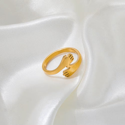 High End 18K Gold Plated Hand Hug Stainless Steel Finger Rings Fashion Jewelry