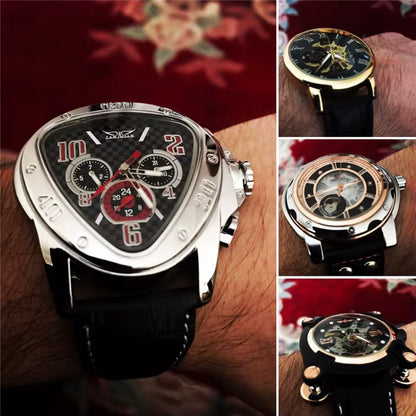 JARAGAR GMT951 Sport Racing Design Geometric Triangle Pilot Genuine Leather Men Mechanical Watch Luxury Automatic Wristwatches