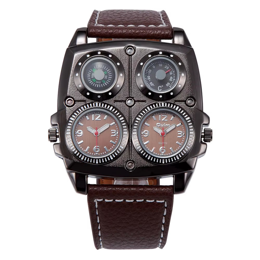 Oulm Men'S Watches Two Time Zone Pilot Style Watch Big Size Quartz Clock Male Leather Strap Wristwatch