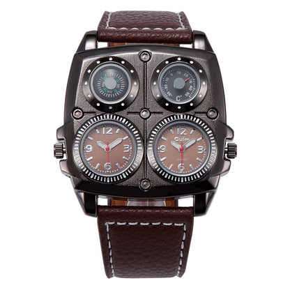 Oulm Men'S Watches Two Time Zone Pilot Style Watch Big Size Quartz Clock Male Leather Strap Wristwatch