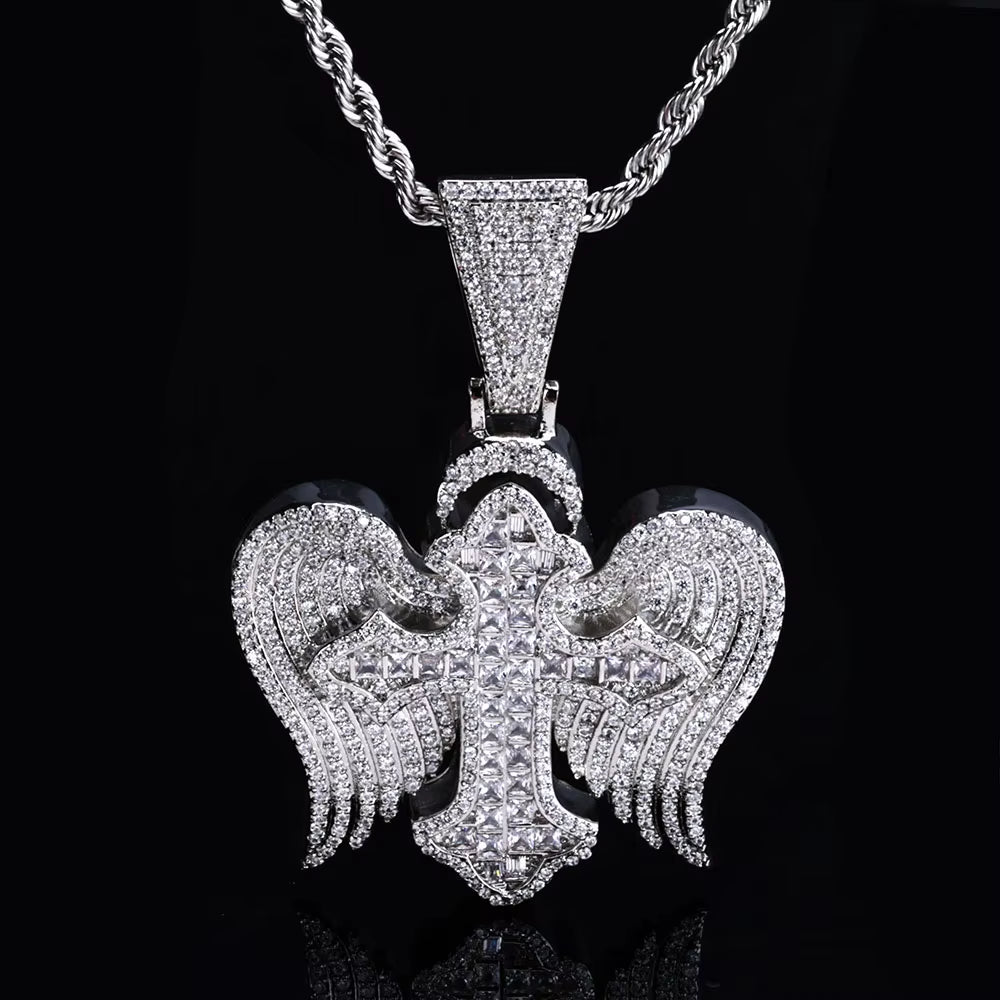 NUOYA Hip Hop Jewelyr Iced Out Diamond Cross Pendant White Gold Full Pave Shiny Zircon Angel Wings Cross Pendant for Gift