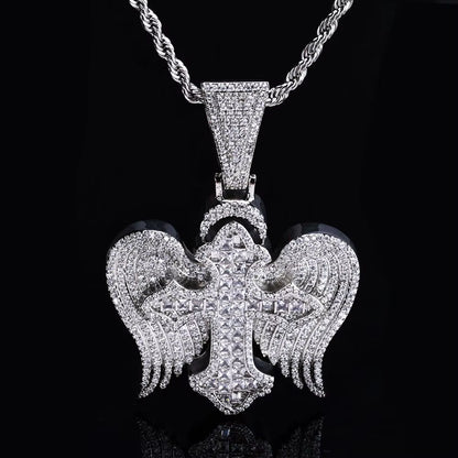 NUOYA Hip Hop Jewelyr Iced Out Diamond Cross Pendant White Gold Full Pave Shiny Zircon Angel Wings Cross Pendant for Gift