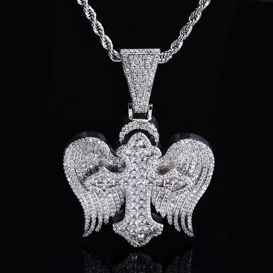 NUOYA Hip Hop Jewelyr Iced Out Diamond Cross Pendant White Gold Full Pave Shiny Zircon Angel Wings Cross Pendant for Gift