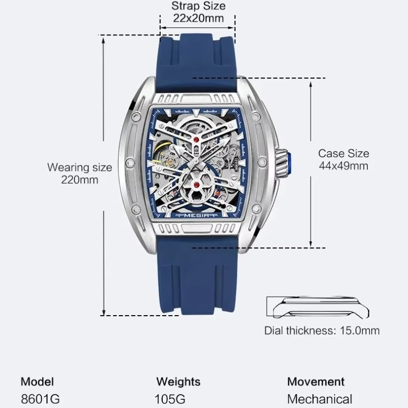 MEGIR 8601 Fashion Men Automatic Mechanical Watch Skeleton Luxurious Luminous Waterproof Casual Wristwatch for Man Reloj Hombre