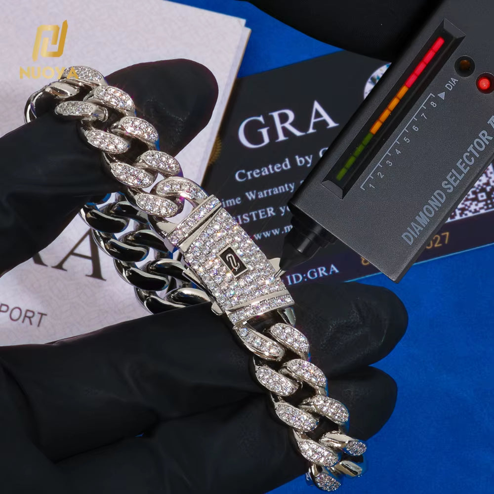 NUOYA Iced Out 925 Silver Bracelet 12Mm Width VVS Moissanite Cuban Link Chain Mens Bling Hip Hop Luxury Jewelry
