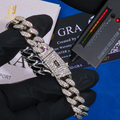 NUOYA Iced Out 925 Silver Bracelet 12Mm Width VVS Moissanite Cuban Link Chain Mens Bling Hip Hop Luxury Jewelry