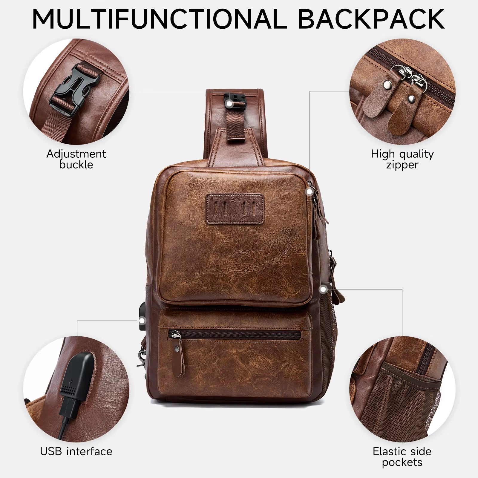 MOYYI Wholesale Brown Vintage Waist Bag Waterproof PVC Leather Cycling Chest Bags for Men Travel Sling Bags