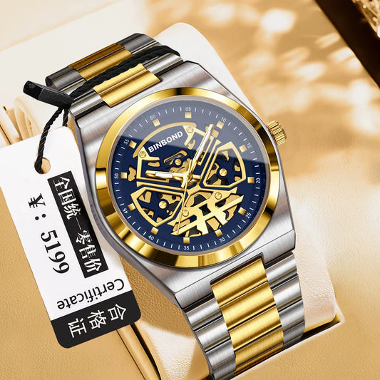 Luxury Men'S Stainless Steel Quartz Watch Binbond Hot Selling Classic Style Hollowed Out High-Quality Luminous Wrist Watch