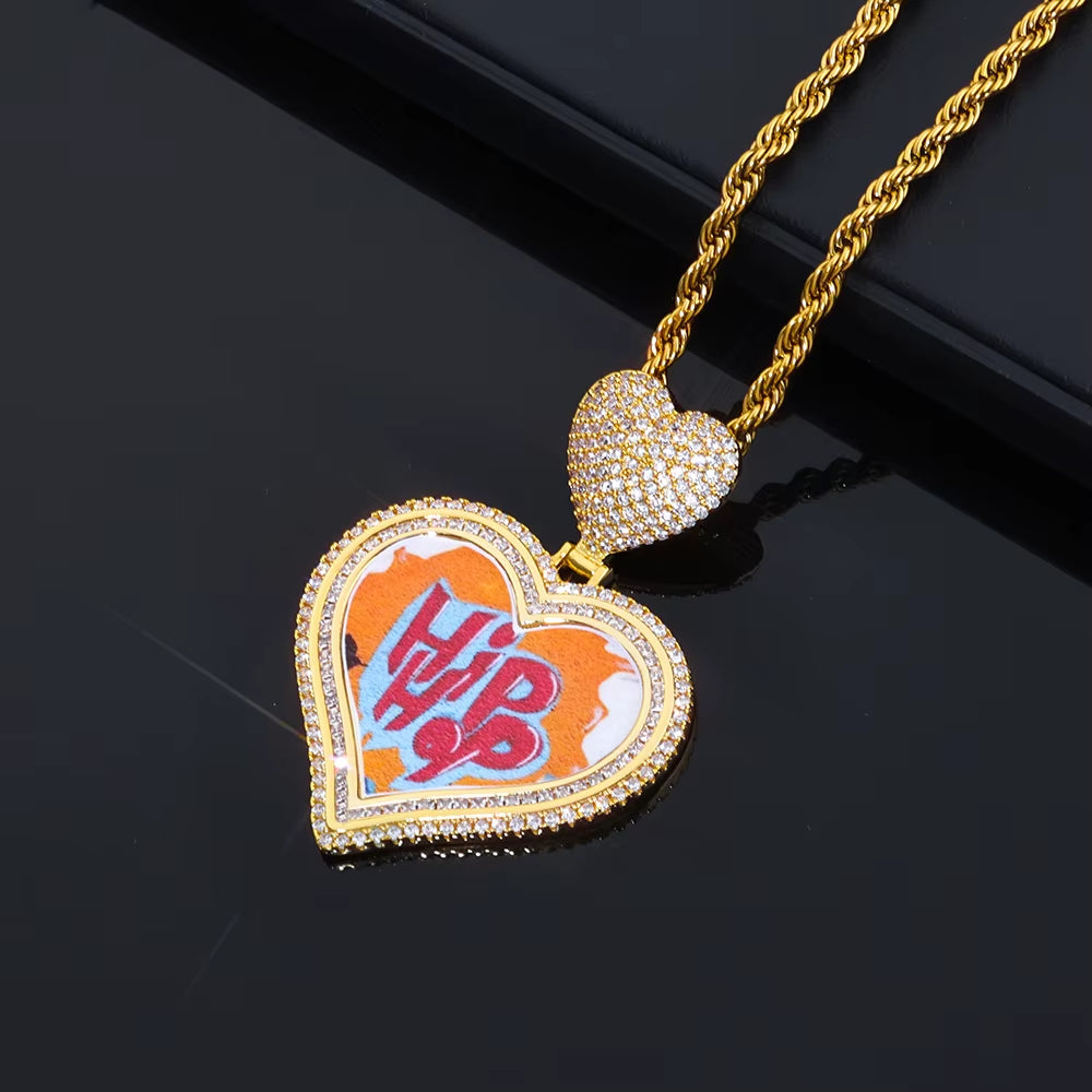 NUOYA Hot Sale Heart Hook Picture Memory Medallions Pendants Hiphop Bling Cubic Zircon Heart Photo Pendant Jewelry