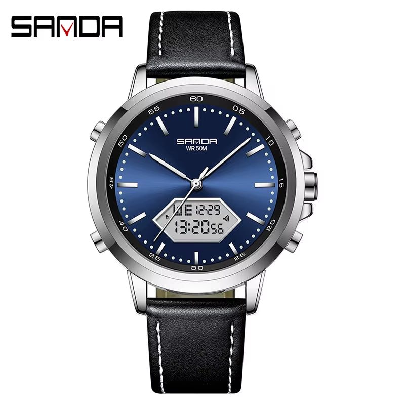 Innovation SANDA Irregular Hexagonal Triple Needle 12/24 Hours Sports Watches Men Wrist Waterproof Digital Trendy Texture