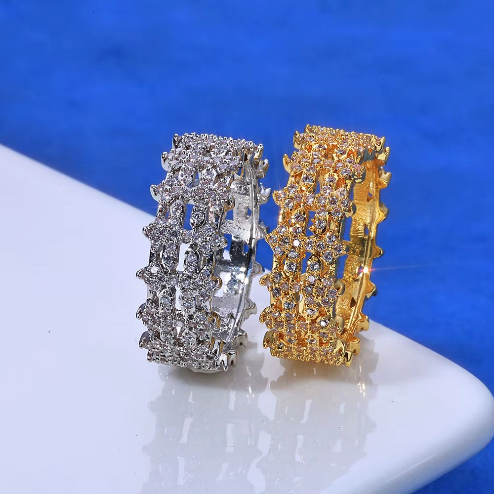 NUOYA New Arrival 8Mm Double Row Cross Ring 925 Silver White VVS Moissanite Iced Bling Design Women'S Fine Jewelry