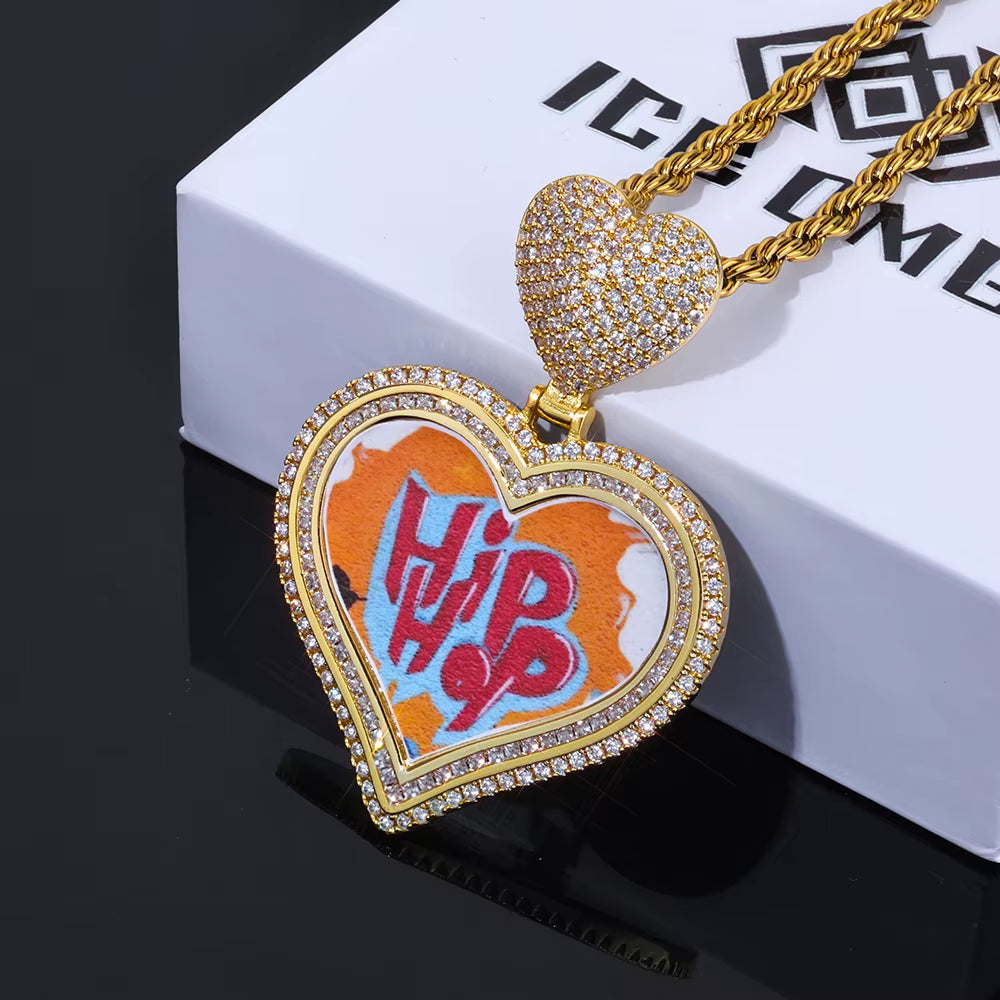 NUOYA Hot Sale Heart Hook Picture Memory Medallions Pendants Hiphop Bling Cubic Zircon Heart Photo Pendant Jewelry