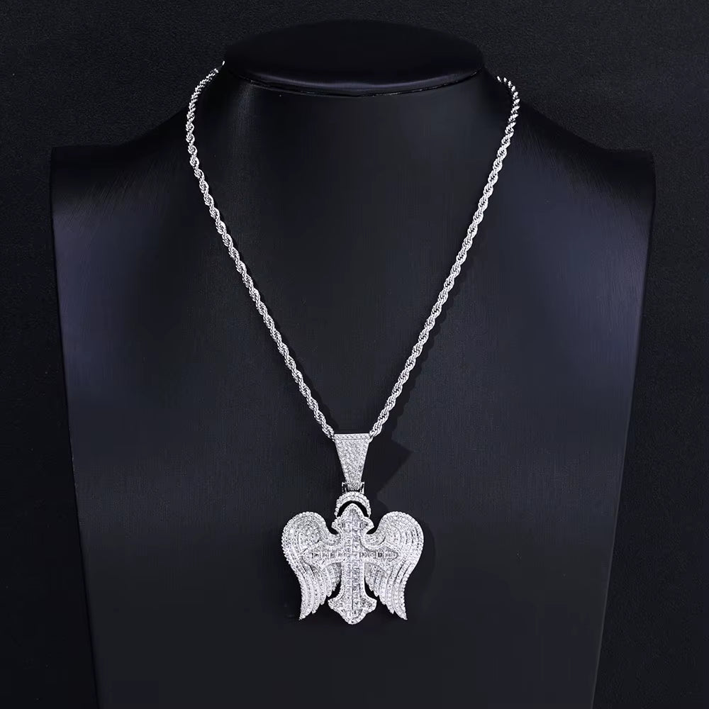 NUOYA Hip Hop Jewelyr Iced Out Diamond Cross Pendant White Gold Full Pave Shiny Zircon Angel Wings Cross Pendant for Gift