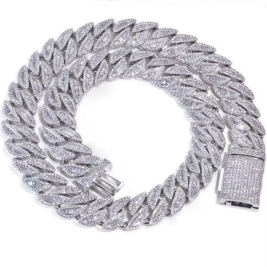 NUOYA 18Mm 925 Silver Cuban Chain Iced Out Flip Buckle VVS Moissanite Baguette Mixed Inlay Cuban Necklace Hip Hop Jewelry