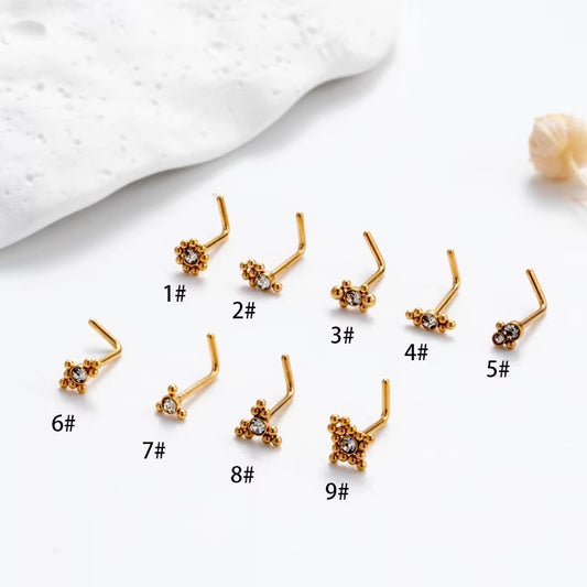 YW Hot Sales Stainless Steel Mini CZ L Shaped Nose Stud Nose Rings for Women Nose Piercing Jewelry