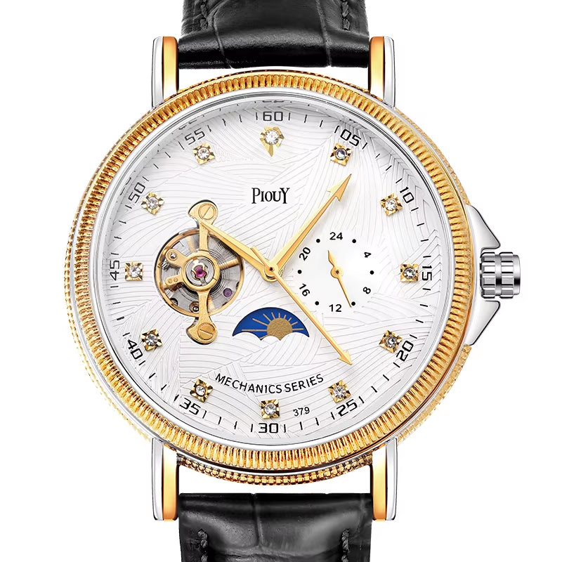 PIOUY D 379 Reloj Fashion Men Watches 2023 Custom Logo Moon Phase Skeleton Mechanical Watches Men Luxury Automatic Watch
