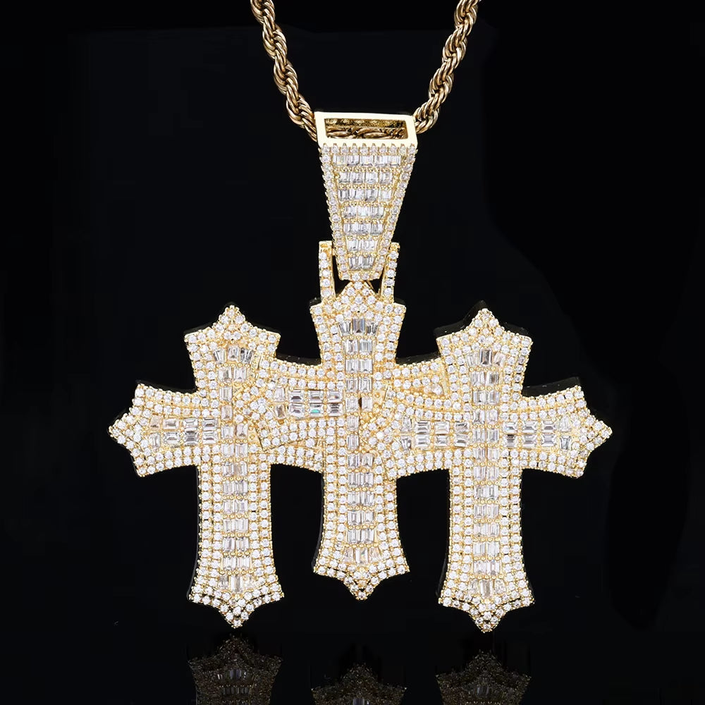 NUOYA High Quality 3-In-1 Micro Pave Bling Baguette Cubic Zirconia Cross Pendant Silver Gold Plated Brass Diamond Charm Pendants