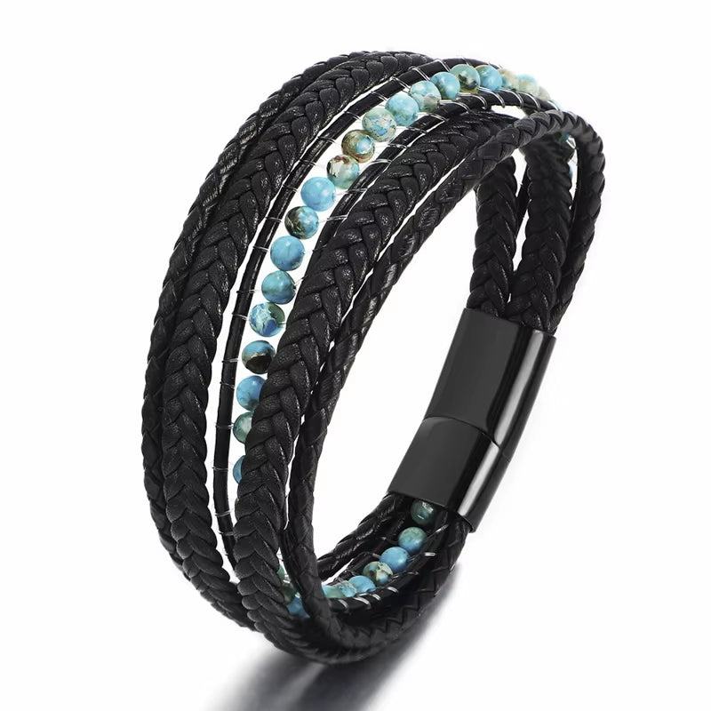 Wholesale Mens Bead Bracelets Stainless Steel Handmade Woven Leather Bracelet Men
