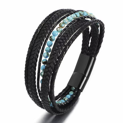 Wholesale Mens Bead Bracelets Stainless Steel Handmade Woven Leather Bracelet Men