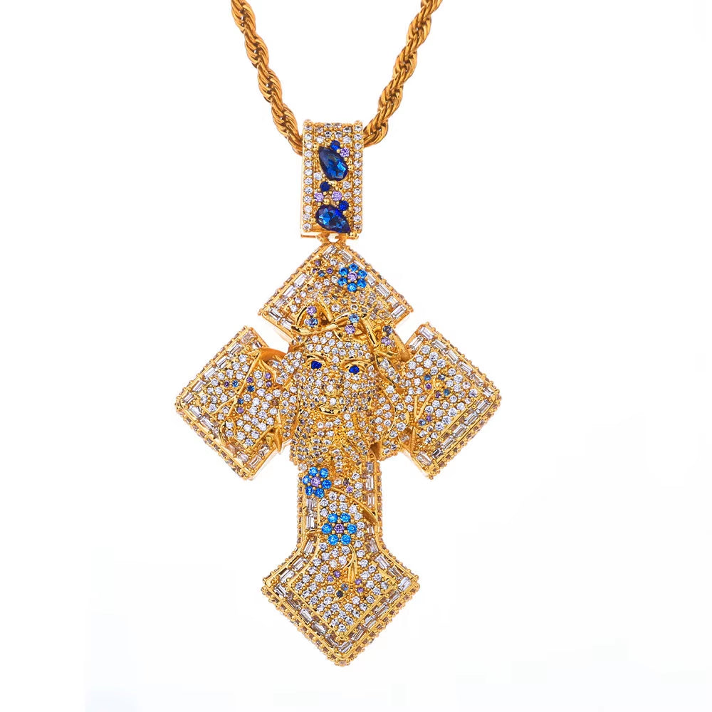 NUOYA Gold Plated Iced Out Cross Pendant Mixed Inlay Baguette Zircon Bling Jesus Hip Hop Pendant Gift Fine Jewelry