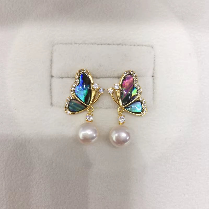 Wholesale Abalone Shell Butterfly 5A Grade Natural Freshwater Pearl Stud Earrings for Women High Quality Jewelry