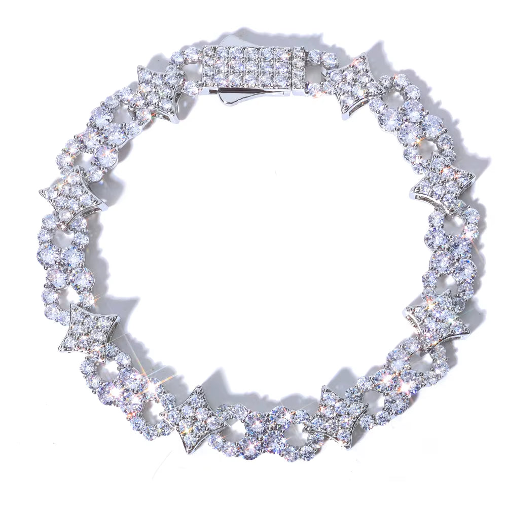 NUOYA 925 Silver Bracelet Spring Lock Clasp Iced Out VVS Moissanite Four Pointed Star Infinite Design Hip Hop Fine Jewelry