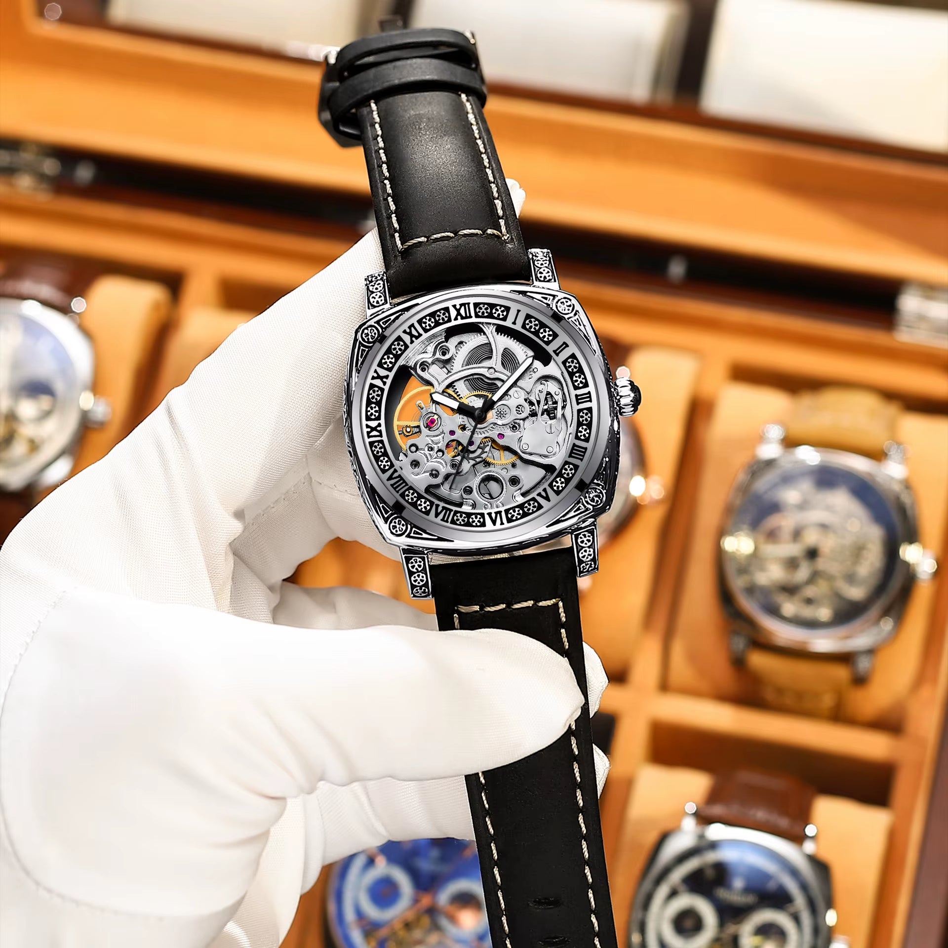 2025 OEM ODM Luxury Top Quality Automatic Mechanical Watch Hollow Out Dial Leather Band Men'S Business Watches