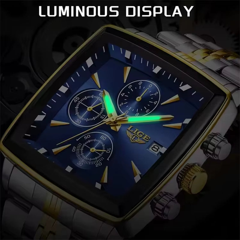 LIGE 89208 2025 Fashion Square Mens Watch Business Watches Men Waterproof Luminous Chronograph Quartz Wristwatches Reloj Hombre