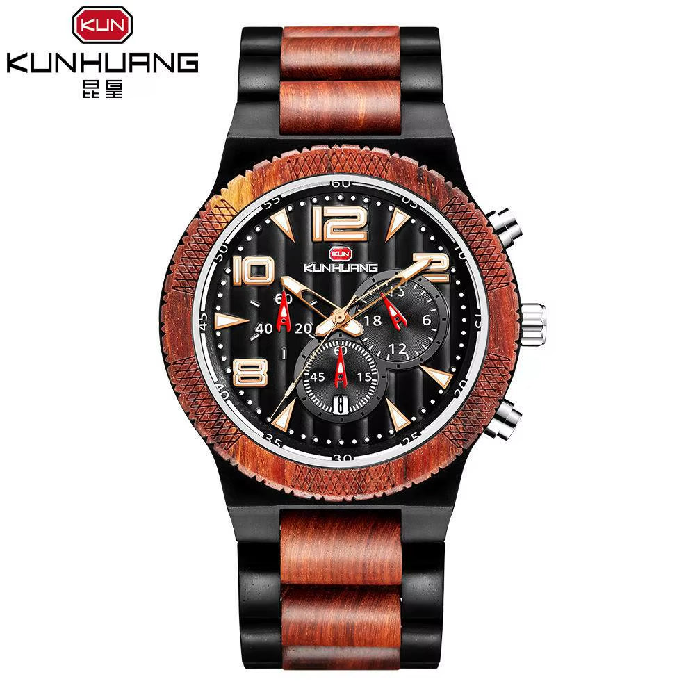 KH1016 Blue Multi Functional 44MM Three Eyes Six Needle Wooden Versatile Men Quartz Sports Watch Exquisite Texture
