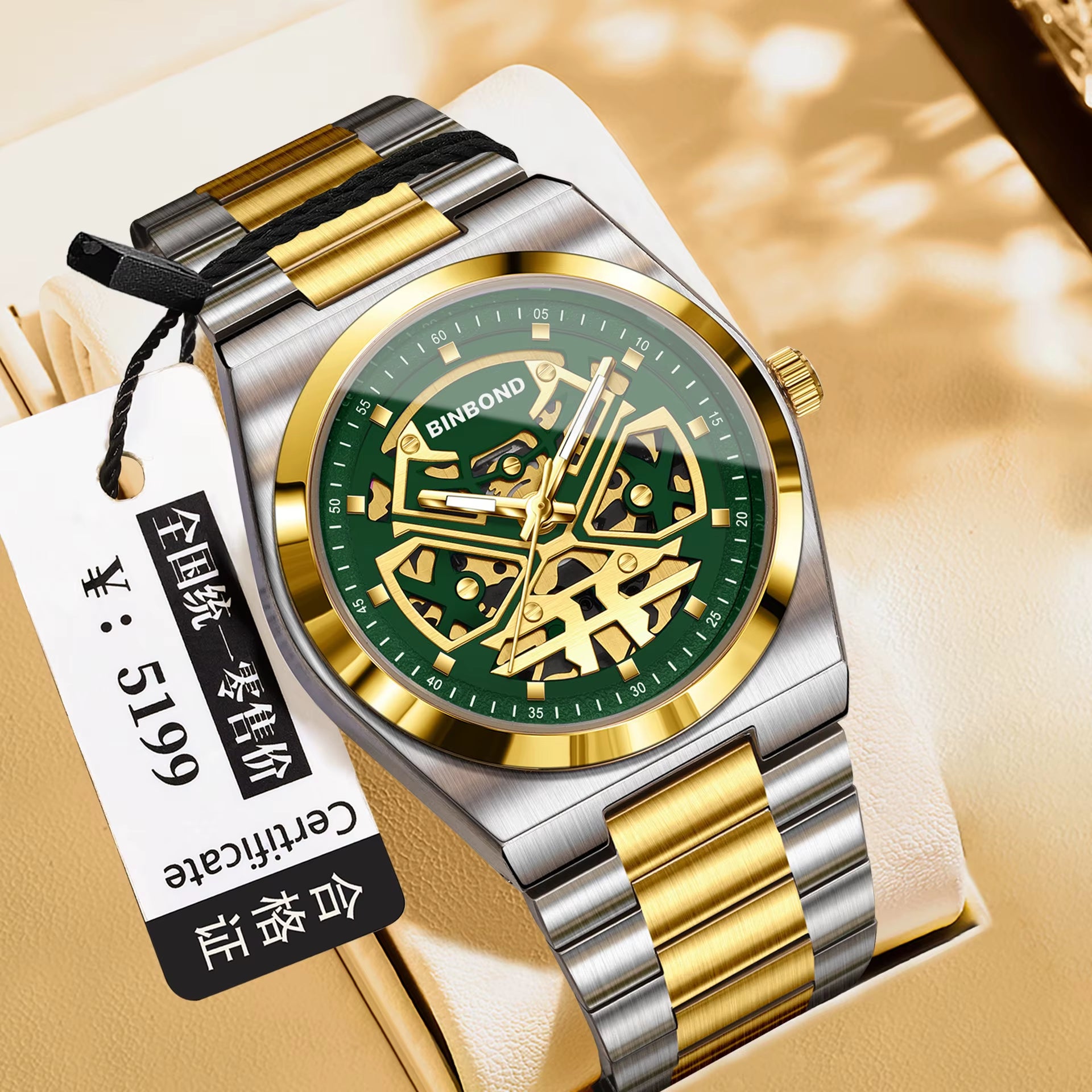 Luxury Men'S Stainless Steel Quartz Watch Binbond Hot Selling Classic Style Hollowed Out High-Quality Luminous Wrist Watch