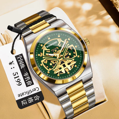 Luxury Men'S Stainless Steel Quartz Watch Binbond Hot Selling Classic Style Hollowed Out High-Quality Luminous Wrist Watch
