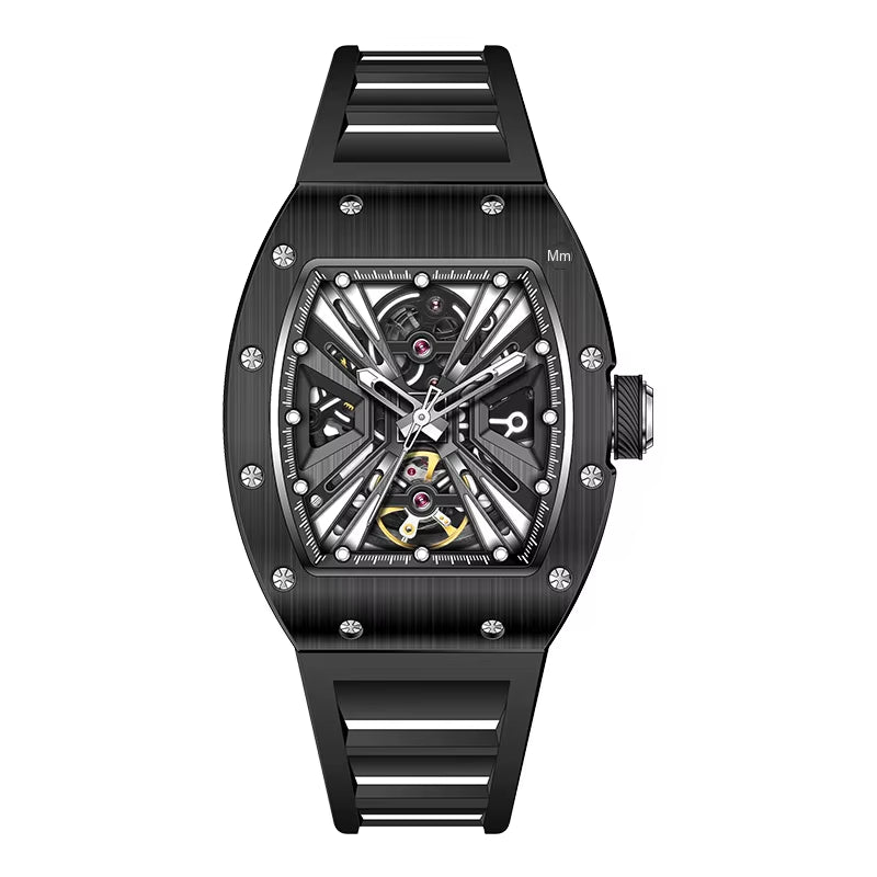 Men'S Trendy Luxury Skeleton Mechanical Watch Luminous Carbon Fiber Barrel-Type with Silicone Band Summer Type