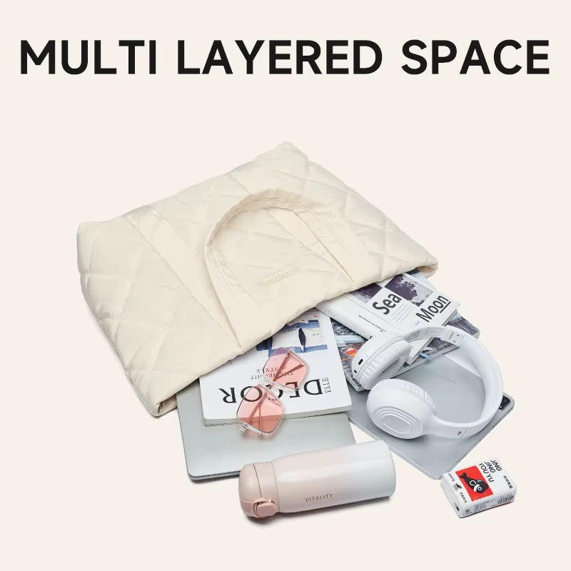 Quilted Women Cotton Padded Puffer Bag Tote Bag with Zipper Shoulder Bag Oxford Casual Large Purse or Women Handbag for Work