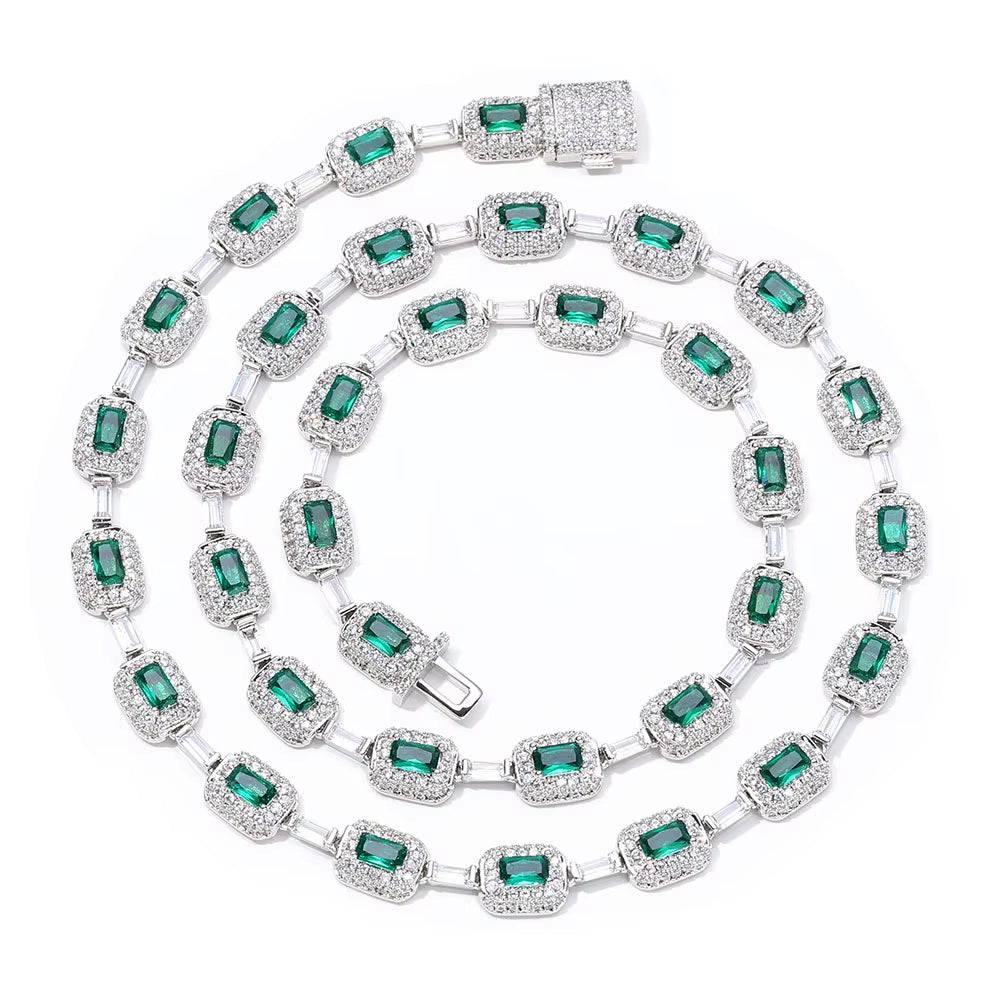 NUOYA Baguette Diamond Link Chain Necklace Silver Plated Micro Pave Emerald Zircon Bling Hip Hop Fine Jewelry