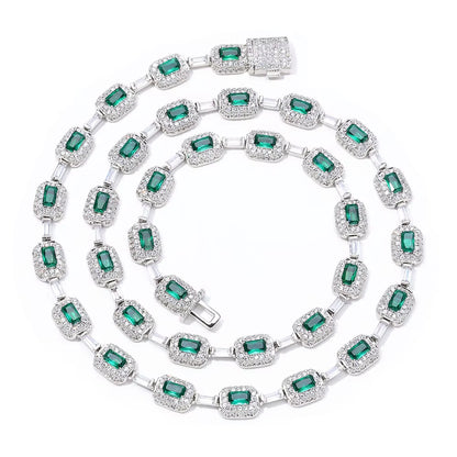NUOYA Baguette Diamond Link Chain Necklace Silver Plated Micro Pave Emerald Zircon Bling Hip Hop Fine Jewelry