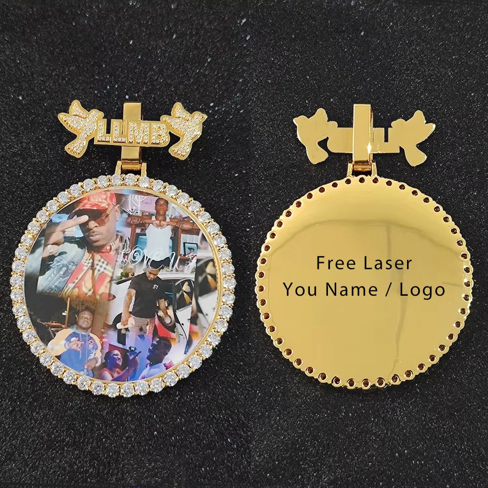 NUOYA Custom Name Photo Pendant Hip Hop Jewelry Iced Out Diamond Large Hook Pink Pendant Silver Memorial Gift for Men Women