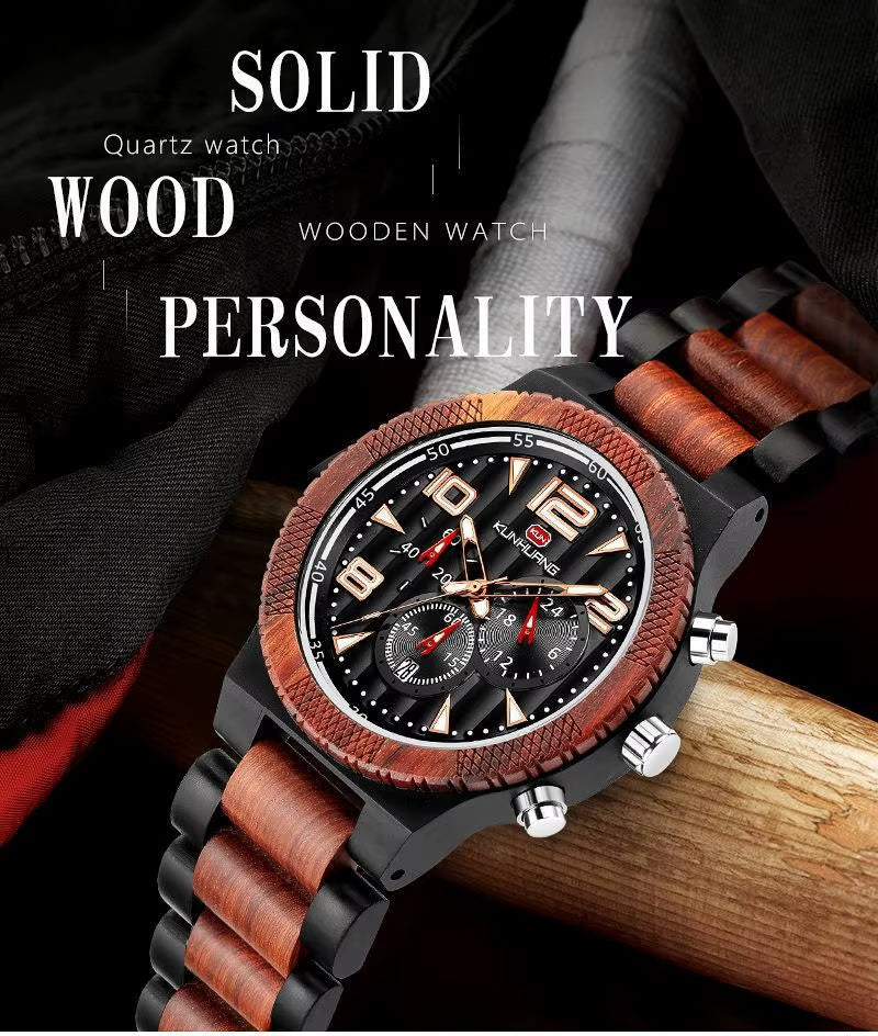 KH1016 Blue Multi Functional 44MM Three Eyes Six Needle Wooden Versatile Men Quartz Sports Watch Exquisite Texture