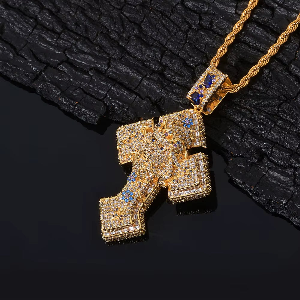 NUOYA Gold Plated Iced Out Cross Pendant Mixed Inlay Baguette Zircon Bling Jesus Hip Hop Pendant Gift Fine Jewelry