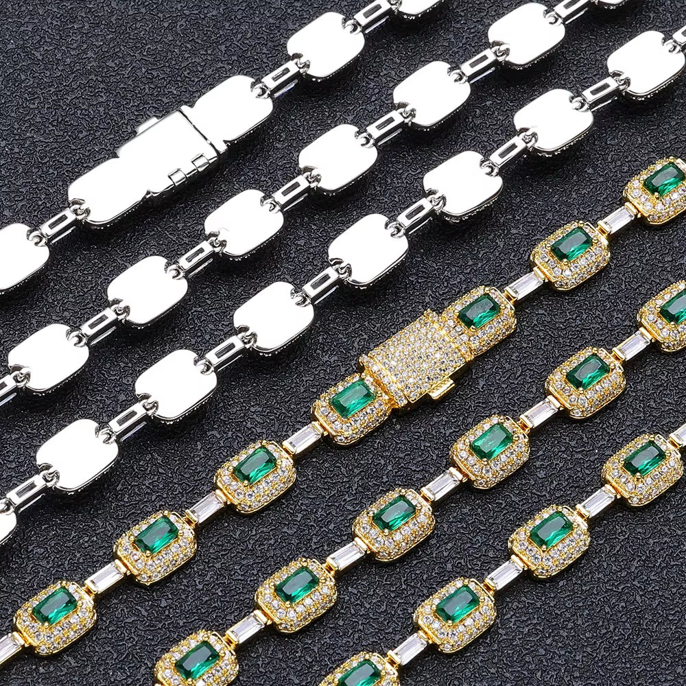 NUOYA Baguette Diamond Link Chain Necklace Silver Plated Micro Pave Emerald Zircon Bling Hip Hop Fine Jewelry