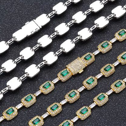 NUOYA Baguette Diamond Link Chain Necklace Silver Plated Micro Pave Emerald Zircon Bling Hip Hop Fine Jewelry