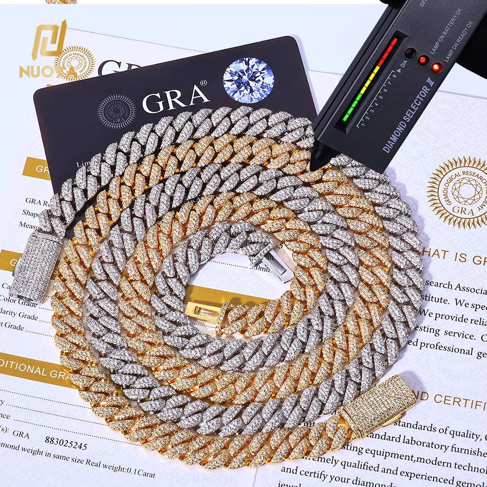 NUOYA 10Mm 925 Silver Flip Buckle 3 Rows Diamond Cuban Chain Iced Out VVS Moissanite Cuban Necklace Hip Hop Jewelry