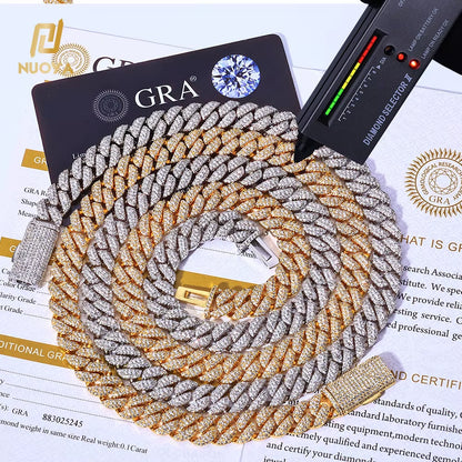 NUOYA 10Mm 925 Silver Flip Buckle 3 Rows Diamond Cuban Chain Iced Out VVS Moissanite Cuban Necklace Hip Hop Jewelry
