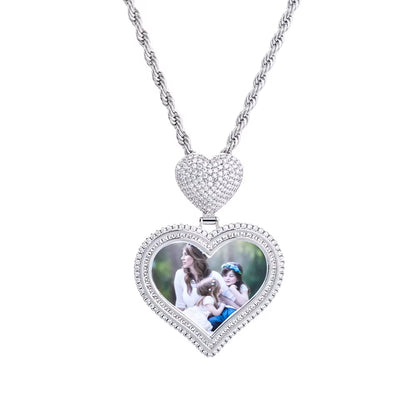 NUOYA Hot Sale Heart Hook Picture Memory Medallions Pendants Hiphop Bling Cubic Zircon Heart Photo Pendant Jewelry